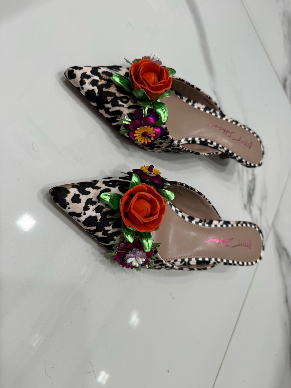 Floral Embellished Leopard Print Pointed Mules - Orange Floral